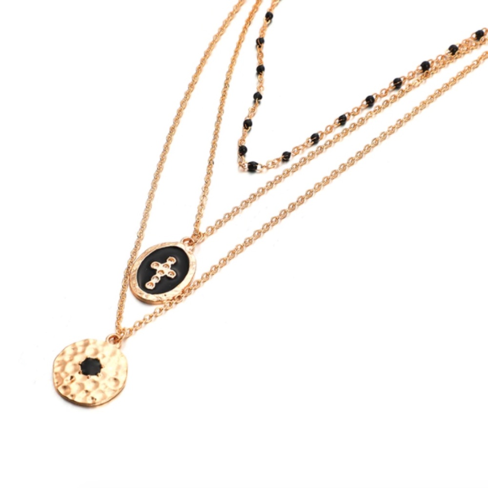 Layered Black Beaded Religious Gold Necklace - Picture 7 of 7